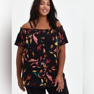 TORRID Black Leaf Printed Rayon Crepe Smocked Cold Shoulder Top sz 1 1X(14-16)